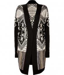 Travel the urban jungle in style in Antik Batiks eye-catching patterned jacquard cardigan, cozy, contemporary, and incredibly unique - Ribbed knit collar and front paneling, long sleeves, ribbed trim, contrast paneling around the bottom, patch pockets - Long straight silhouette - Team with leather leggings, tees and chunky biker boots