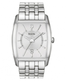 Accent your wrist with the finest. This modern watch from Bulova features silvertone stainless steel in a thick, durable bracelet. Rectangular stainless steel case and dial with logo, date window and stick indices. Quartz movement. Water resistant to 30 meters. Three-year limited warranty. Accent your wrist with the finest. This modern watch from Bulova features silvertone stainless steel in a thick, durable bracelet. Rectangular stainless steel case and dial with logo, date window and stick indices. Quartz movement. Water resistant to 30 meters. Three-year limited warranty.