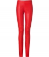 Elevate cool daytime looks with Josephs radiant red stretch lambskin leggings - Elasticized waistband, pulls on - Extra form-fitting - Wear with an oversized silk shirt and sleek suede booties