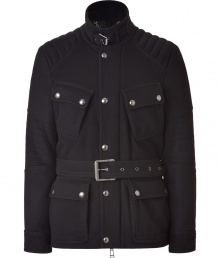 With edgy biker styling, this cashmere-and-wool-blend belted jacket from Belstaff elevates any ensemble - Stand collar with buckle detail, concealed front zipper placket with snaps, quilted shoulders, flap pockets, belted waist, slim fit - Pair with jeans and a tee and motorcycle boots or with slim trousers and trainers With edgy biker styling, this cashmere-and-wool-blend belted jacket from Belstaff elevates any ensemble - Stand collar with buckle detail, concealed front zipper placket with snaps, quilted shoulders, flap pockets, belted waist, slim fit - Pair with jeans and a tee and motorcycle boots or with slim trousers and trainers