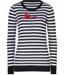 Romantic with a contemporary kick of bold striping, DKNYs silk-cashmere pullover is a sweet choice perfect for adding a fun edge to your outfit - Round neckline, long sleeves, black ribbed trim, Love knit on front - Slim fit - Wear with everything from jeans and flats to leather leggings and slick ankle boots