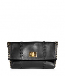Stitched seams and edgy stud embellishment make this luxe Emilio Pucci clutch a sure-fire statement-maker - Fold-over style, stitched details, front flap with logo turn-lock closure, studded side panels - Pair with leather leggings, an oversized blouse, and platforms Stitched seams and edgy stud embellishment make this luxe Emilio Pucci clutch a sure-fire statement-maker - Fold-over style, stitched details, front flap with logo turn-lock closure, studded side panels - Pair with leather leggings, an oversized blouse, and platforms