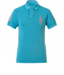 For a modern riff on a venerable classic, try Ralph Laurens big logo polo shirt - Soft yet durable turquoise pique cotton - Slim, straight cut - Small collar and short button placket - Oversize polo pony logo at chest and numbered sleeve - Hem hangs slightly longer in the back - Casually cool, ideal for everyday leisure - Pair with jeans, chinos or shorts For a modern riff on a venerable classic, try Ralph Laurens big logo polo shirt - Soft yet durable turquoise pique cotton - Slim, straight cut - Small collar and short button placket - Oversize polo pony logo at chest and numbered sleeve - Hem hangs slightly longer in the back - Casually cool, ideal for everyday leisure - Pair with jeans, chinos or shorts