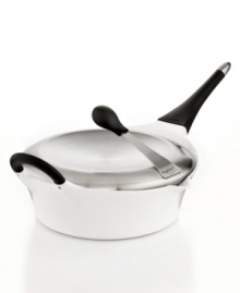 Elegant & sophisticated, this cast aluminum vessel is a true piece of art and performs like a real professional, too. The lightweight design heats up quickly & evenly for consistent, delicious results. Crafted with holes in the rim for pouring with the cover on and a stay-cool phenolic resin handle, this covered deep skillet is perfect for steaming, searing and braising your favorite dishes. 3-year warranty. Elegant & sophisticated, this cast aluminum vessel is a true piece of art and performs like a real professional, too. The lightweight design heats up quickly & evenly for consistent, delicious results. Crafted with holes in the rim for pouring with the cover on and a stay-cool phenolic resin handle, this covered deep skillet is perfect for steaming, searing and braising your favorite dishes. 3-year warranty.