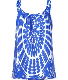 Gorgeous summery top in fine cobalt-blue patterned silk - Figure hugging silhouette is sleeveless with a round neckline and medium-width straps - Short placket with silk-covered buttons - Wonderfully soft, light feel against skin - Versatile piece looks great for casual looks with white capris and favorite flat sandals, or at the office with a smart pencil skirt, blazer and heels