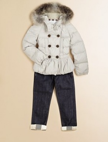 Battle the elements in style in this puffy topper with attached hood, detachable goldern fox fur trim Battle the elements in style in this puffy topper with attached hood, detachable goldern fox fur trim