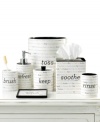 An adorable typeface presents repeating synonyms in sweet pastels upon this ceramic lotion pump, offering a smart and simple update for any bathroom.