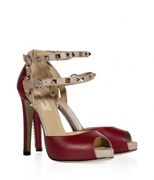 Finish your look with a note of hard-edge elegance in Valentinos deep red and powder peep-toe pumps, complete with iconic rockstud trim - Double buckled ankle straps - Pair with sharply tailored separates or chic cocktail dresses Finish your look with a note of hard-edge elegance in Valentinos deep red and powder peep-toe pumps, complete with iconic rockstud trim - Double buckled ankle straps - Pair with sharply tailored separates or chic cocktail dresses