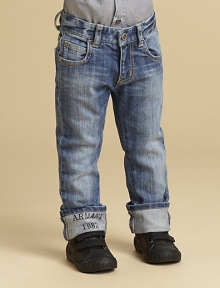 Slightly faded, subtly distressed and whiskered, with logo cuffs in a slim-fitting silhouette.Front button closureWaistband with belt loopsZip flyFive-pocket styleCottonDry cleanImported Slightly faded, subtly distressed and whiskered, with logo cuffs in a slim-fitting silhouette.Front button closureWaistband with belt loopsZip flyFive-pocket styleCottonDry cleanImported