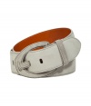 Cinch your look in style with this cool-hued suede belt from Ralph Lauren - Light grey suede belt with suede-covered buckle - Wear with skinny jeans, trousers, or with a voluminous blouse