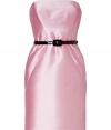 Glamorous cocktail dress in pink cotton-silk blend has a soft sheen - Knee-length design features bandeau top and narrow silhouette - Decorative darts and black patent leather belt enhance an hourglass shape - Concealed zip closure at back - Pair with platform peep-toe shoes and a clutch