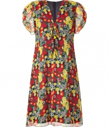 Look summer-ready in this super chic poppy-printed silk frock from Anna Sui - V-neck, gathered short sleeves, front tie detail, flared skirt, concealed back zip closure, sheer overlay, solid floral print underlay - Style with platform pumps and a straw tote