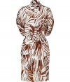 This luxe silk Salvatore Ferragamo dress conjures the spirit of the safari with modern detailing and a feisty print - Spread collar, front button half placket, D-ring detailed epaulets, detachable waist belt with logo buckle, all-over zebra print with logo, relaxed silhouette - Wear with neutral-hued heels, a slim trench, and a statement clutch