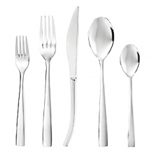 This elegant flatware service includes an eight, five-piece place setting plus one serving spoon, one pierced serving spoon, one cold meat fork, one gravy ladle and one butter knife. This elegant flatware service includes an eight, five-piece place setting plus one serving spoon, one pierced serving spoon, one cold meat fork, one gravy ladle and one butter knife.