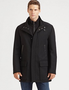 A jacket you'll reach for all season long in easy twill with a military-style belted collar and zip-out Merino wool bib. Zip front Side slash, flap pockets Removable lining About 33 from shoulder to hem Wool/polyester; dry clean Imported A jacket you'll reach for all season long in easy twill with a military-style belted collar and zip-out Merino wool bib. Zip front Side slash, flap pockets Removable lining About 33 from shoulder to hem Wool/polyester; dry clean Imported