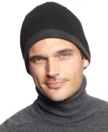 Minimalist design with maximum versatility: A barely there herringbone is the only pattern in a wear-with-everything skullcap from Calvin Klein that reverse to solid black with charcoal tipping. Minimalist design with maximum versatility: A barely there herringbone is the only pattern in a wear-with-everything skullcap from Calvin Klein that reverse to solid black with charcoal tipping.