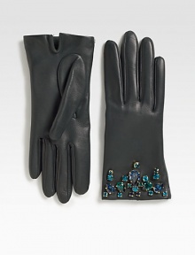 Nappa leather with Swarovski crystal details. LeatherSwarovski crystalsLength, about 8.5Fully linedMade in Italy Nappa leather with Swarovski crystal details. LeatherSwarovski crystalsLength, about 8.5Fully linedMade in Italy