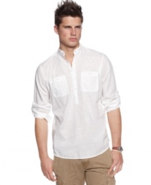 Stand up style. This stand collared shirt from Bar III is a casual complement to your cargo, khaki or denim style this summer. Stand up style. This stand collared shirt from Bar III is a casual complement to your cargo, khaki or denim style this summer.