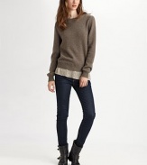 Wool-rich crewneck has a touch of cashmere and silk-rich contrast hem with metallic details. Ribbed crewneckLong sleevesRibbed cuffs83% silk/17% lurex contrast hem90% wool/10% cashmereDry cleanImportedModel shown is 5'9½ (176cm) wearing US size 4.