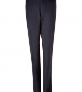 Channel sophisticated style in these classic virgin wool trousers from Burberry London - Flat front, belt loops, front crease, on-seam pockets, back welt pockets with buttons - Slim fit - Style with a sleek blazer, striped button down, and oxfords