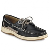 Sperry Top-Sider adds new touches to the Bluefish Boat Shoes to make them the height of preppy chic.  Madras plaid trim highlights the classic nautical-inspired details.