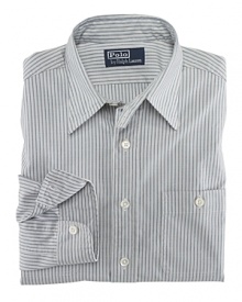 Crafted in smooth oxford-woven cotton with a polished striped pattern, a long-sleeved sport shirt exudes handsome appeal in a trim, modern silhouette. Crafted in smooth oxford-woven cotton with a polished striped pattern, a long-sleeved sport shirt exudes handsome appeal in a trim, modern silhouette.