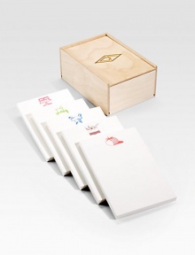 Original Charles Fradin illustrations add an cook's touch to high-quality cotton paper, organized in five pads and housed in a gold-stamped wood box. 5 pads with 40 sheets each High-quality cotton pulp paper Box: 5W X 7¼H X 4D Pad: 4½W X 6¾ Made in USA Original Charles Fradin illustrations add an cook's touch to high-quality cotton paper, organized in five pads and housed in a gold-stamped wood box. 5 pads with 40 sheets each High-quality cotton pulp paper Box: 5W X 7¼H X 4D Pad: 4½W X 6¾ Made in USA