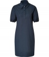 With its timeless classic styling and streamlined look, Jil Sander Navys navy stretch cotton shirtdress is a work and weekend essential staple - Classic collar, gathered short sleeves, elasticized cuffs, partial button placket, slit sides - Loosely tailored fit - Wear with chic flats and an oversized leather tote