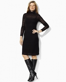 Imbued with vintage romance in a delicate wool-blend pointelle knit, a sophisticated mock turtleneck dress is finished with glittering jeweled buttons for a touch of modern glamour.