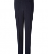 Luxurious pants made ​.​.of fine, dark blue wool - Slim cut, looks modern AND elegant - With flattering creases - A classy all-round talent for business and leisure - Wear with a dress shirt and (the) matching jacket or cashmere pullover, long sleeve shirt or cardigan
