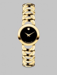 Small black dial with a goldtone stainless steel link bracelet. Swiss quartz movementWater resistant to 3 ATMRound goldtone stainless steel case, 22mm (1.1) Smooth bezelBlack dialDot marker at 12 o'clockGoldtone stainless steel link braceletMade in Switzerland Small black dial with a goldtone stainless steel link bracelet. Swiss quartz movementWater resistant to 3 ATMRound goldtone stainless steel case, 22mm (1.1) Smooth bezelBlack dialDot marker at 12 o'clockGoldtone stainless steel link braceletMade in Switzerland