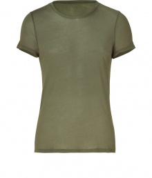 Stylish t-shirt in fine, pure olive green cotton - Supremely soft, lightweight material has a well-worn, vintage look - Round neck and short sleeves - Slim, straight cut - An indispensable basic in any wardrobe, easily dressed up or down - Wear solo or layer beneath a blazer or cardigan and pair with jeans, chinos, shorts or linen trousers