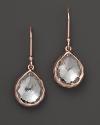 Faceted clear quartz reflects light on a polished pair of rosegold Ippolita earrings.