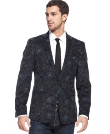 Make a statement with you buttoned-up style wearing this paisley print blazer from Tallia Orange. Make a statement with you buttoned-up style wearing this paisley print blazer from Tallia Orange.