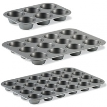 Available in 6, 12, and 24 mini cup sizes, this Calphalon muffin pan promises a lifetime of delicious baking. The durable nonstick coating provides long lasting durability while the aluminized steel construction resists rust. Available in 6, 12, and 24 mini cup sizes, this Calphalon muffin pan promises a lifetime of delicious baking. The durable nonstick coating provides long lasting durability while the aluminized steel construction resists rust.