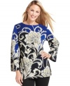 JM Collection's printed petite tunic features an allover scrolling print that adds panache to any ensemble!