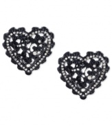 Listen to your heart. This pair of stud earrings from Betsey Johnson evoke a classic feel with its filigree pattern. Crafted from black-plated mixed metal with glass crystal accents adding a lustrous touch. Approximate drop: 3/4 inch.