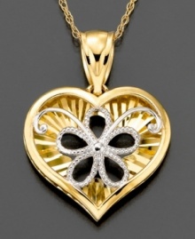 This classic heart pendant is lovingly embellished with a sweet five-petal flower. Crafted in white and yellow 14k gold. Approximate length: 18 inches. Approximate drop: 3/4 inch. This classic heart pendant is lovingly embellished with a sweet five-petal flower. Crafted in white and yellow 14k gold. Approximate length: 18 inches. Approximate drop: 3/4 inch.