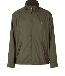 Sporty windbreaker in fine, olive synthetic fiber - A stylish spin on a modern classic from Ralph Lauren - Durable, lightweight material - Small, stand-up collar with zipper embellishment - Long, snap cuff sleeves, slash pockets and full zipper closure - Embroidered polo pony at chest - Slimmer, straight cut - Casually cool and ultra versatile, great for everyday - Pair with jeans, chinos or dressier trousers Sporty windbreaker in fine, olive synthetic fiber - A stylish spin on a modern classic from Ralph Lauren - Durable, lightweight material - Small, stand-up collar with zipper embellishment - Long, snap cuff sleeves, slash pockets and full zipper closure - Embroidered polo pony at chest - Slimmer, straight cut - Casually cool and ultra versatile, great for everyday - Pair with jeans, chinos or dressier trousers