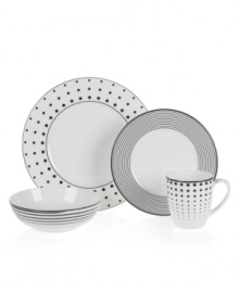 Hits the spot. Featuring an array of punchy-fun graphics in durable bone china, Mikasa Cheers dinnerware sets modern tables with a sense of whimsy. Place settings coordinate with the equally irresistible stemware and barware collections. Hits the spot. Featuring an array of punchy-fun graphics in durable bone china, Mikasa Cheers dinnerware sets modern tables with a sense of whimsy. Place settings coordinate with the equally irresistible stemware and barware collections.