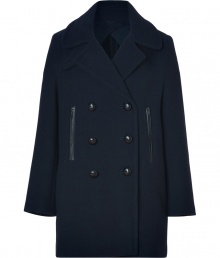 Classic in navy wool twill with sleek black leather-like trim, Vanessa Brunos double-breasted coat counts as a must for timeless-modern looks - Notched collar with buttoned latch, long sleeves, black trimmed zippered front slit pockets, woven-effect double-breasted button closures, side slit pockets, lined sleeves - Straight silhouette - Wear with everything from jeans and ballerinas to leather leggings and statement booties Classic in navy wool twill with sleek black leather-like trim, Vanessa Brunos double-breasted coat counts as a must for timeless-modern looks - Notched collar with buttoned latch, long sleeves, black trimmed zippered front slit pockets, woven-effect double-breasted button closures, side slit pockets, lined sleeves - Straight silhouette - Wear with everything from jeans and ballerinas to leather leggings and statement booties