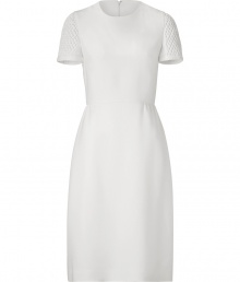 Pristine in ivory silk with delicately pleated matelass? short sleeves, Valentinos tailored sheath is an immaculate take on ladylike elegance - Rounded neckline, matelass? short sleeves, softly gathered waistline, hidden back zip - Softly tailored bodice with bust darts, full skirt - Wear with flawless patent leather pumps and a sleek envelope clutch Pristine in ivory silk with delicately pleated matelass? short sleeves, Valentinos tailored sheath is an immaculate take on ladylike elegance - Rounded neckline, matelass? short sleeves, softly gathered waistline, hidden back zip - Softly tailored bodice with bust darts, full skirt - Wear with flawless patent leather pumps and a sleek envelope clutch