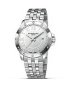 Raymond Weil's stainless steel watch has a round white dial, a bracelet strap and foldover clasp. With sapphire crystal and second hand.