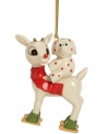 Everyone's favorite misfit, Rudolph the Red-Nosed Reindeer, and his misfit buddy are ready for a fun day of ice skating in this porcelain ornament from Lenox. With gold hanging thread.