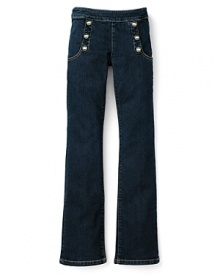 Set sail in Juicy Couture's classic military denim pants. Bold, gold buttons with the Juicy logo and deep scoop pockets pairs perfectly with strappy metallic sandals or bright white tennies. Set sail in Juicy Couture's classic military denim pants. Bold, gold buttons with the Juicy logo and deep scoop pockets pairs perfectly with strappy metallic sandals or bright white tennies.