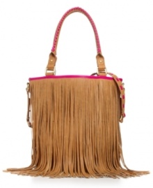 Care-free and unconventional, this fun fringe satchel by Steve Madden pays homage to the '70s Haight-Ashbury hippie-chic. Braided handle detail and matching crossbody strap offer convenience and cool, while interior cell phone and PDA pockets keep modern devices secure. Care-free and unconventional, this fun fringe satchel by Steve Madden pays homage to the '70s Haight-Ashbury hippie-chic. Braided handle detail and matching crossbody strap offer convenience and cool, while interior cell phone and PDA pockets keep modern devices secure.