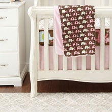 Spouting elephants in mod dot pink and blue highlight this whimsical print. A coordinating pin wheel print in shades of brown, pink, blue and green accent the animal motif. The Complete Sheet Set includes the complete sheet, crib skirt, nursery blanket and decorative wall decals.The American Academy of Pediatrics and the U.S. Consumer Product Safety Commission have made recommendations for safe bedding practices for babies. When putting infants under 12 months to sleep, remove pillows, quilts, comforters, and other soft items from the crib. Spouting elephants in mod dot pink and blue highlight this whimsical print. A coordinating pin wheel print in shades of brown, pink, blue and green accent the animal motif. The Complete Sheet Set includes the complete sheet, crib skirt, nursery blanket and decorative wall decals.The American Academy of Pediatrics and the U.S. Consumer Product Safety Commission have made recommendations for safe bedding practices for babies. When putting infants under 12 months to sleep, remove pillows, quilts, comforters, and other soft items from the crib.
