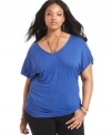 Let your casual style shine with Eyeshadow's short sleeve plus size top, highlighted by studded shoulders!