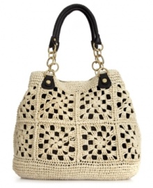 Escape the ordinary with this island-inspired style from Olivia + Joy. A crocheted straw exterior with contrast underlay is accented by chain detailed straps and a perfectly portable tote silhouette. Escape the ordinary with this island-inspired style from Olivia + Joy. A crocheted straw exterior with contrast underlay is accented by chain detailed straps and a perfectly portable tote silhouette.