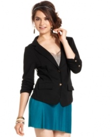 Rock Miss Chevious' three-quarter sleeve blazer for a look that sets you apart. A blazer of unique design, this revamped classic sports a surprising lace back! Rock Miss Chevious' three-quarter sleeve blazer for a look that sets you apart. A blazer of unique design, this revamped classic sports a surprising lace back!